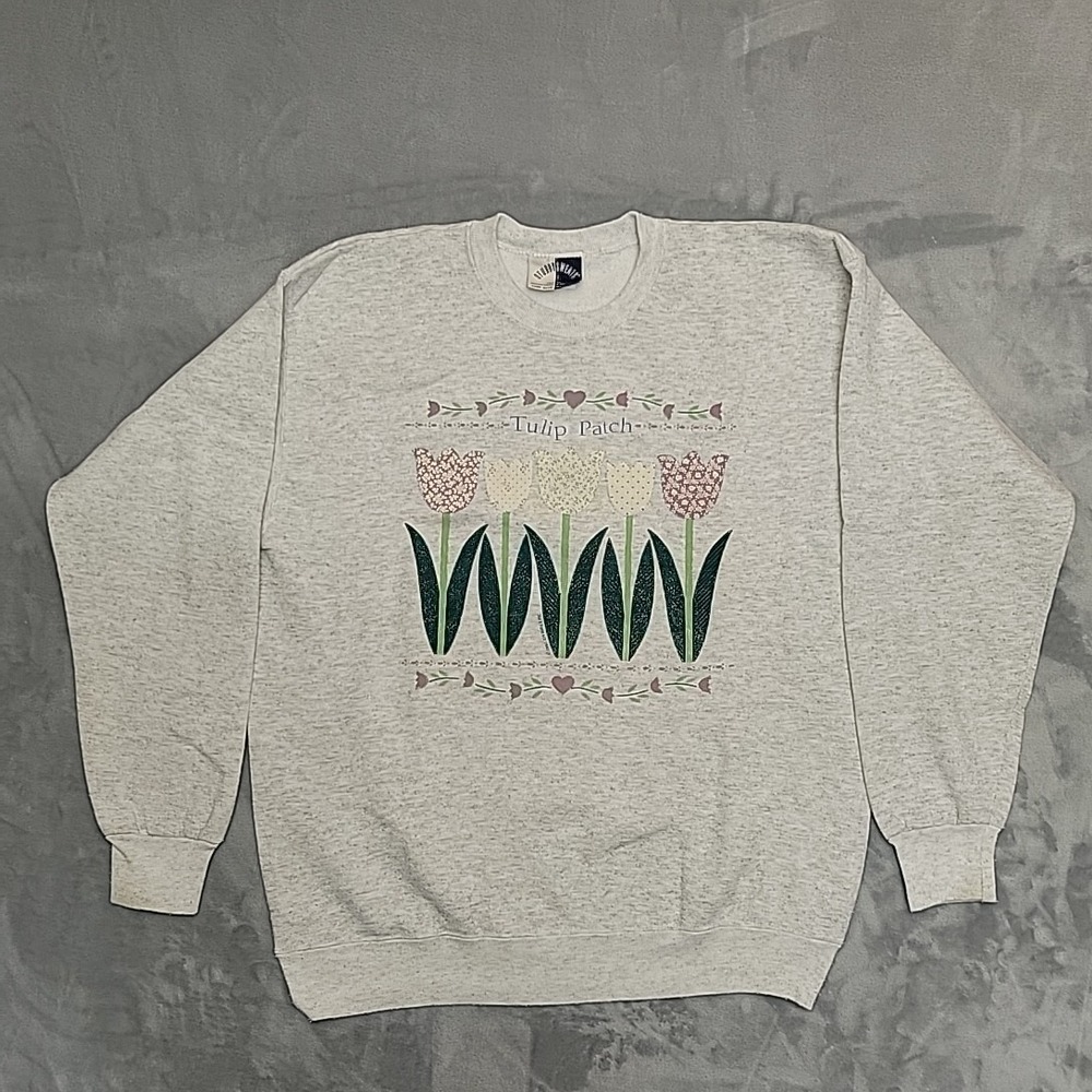 VTG Sturdy Sweats Tulip Patch Sweatshirt Womens L Gray Cottagecore Made In USA